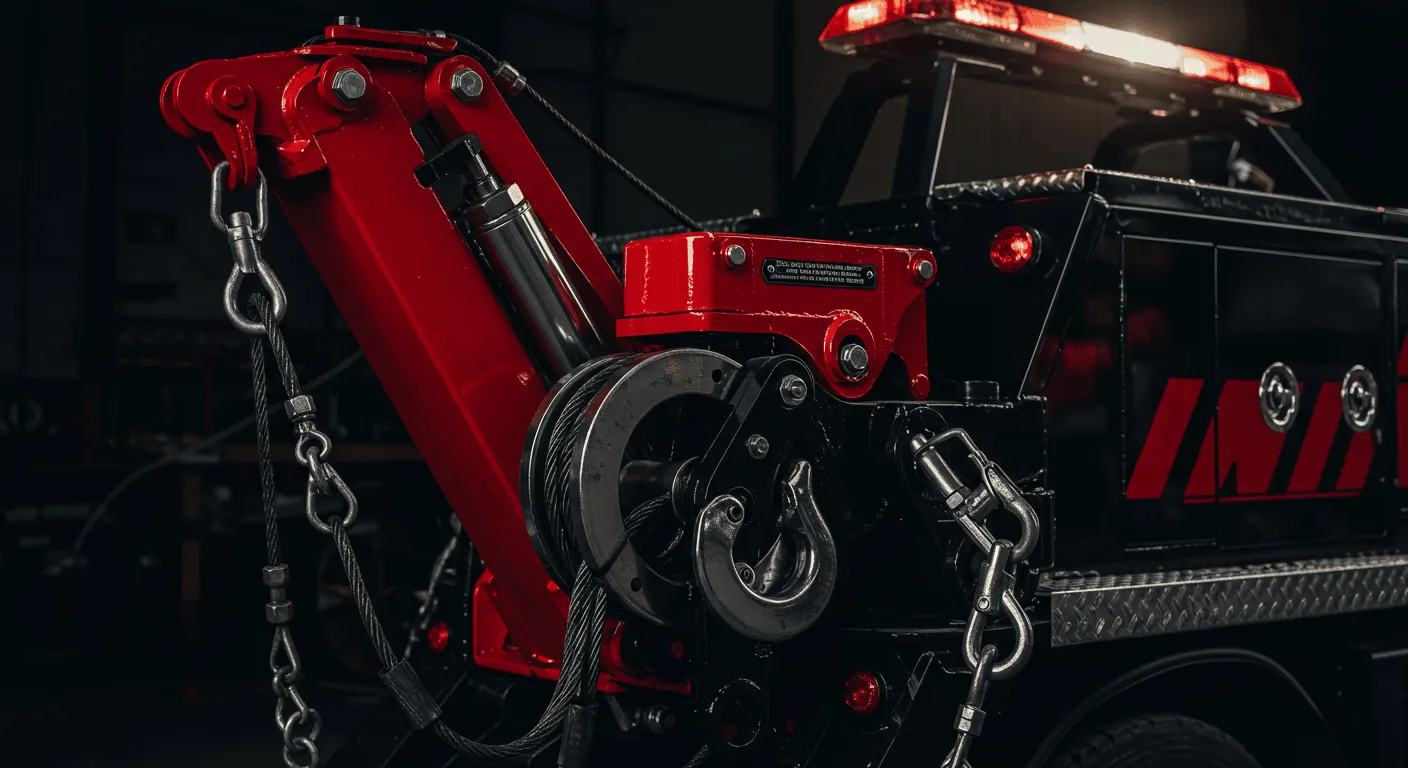 Red tow truck hook and chains ready for roadside recovery.