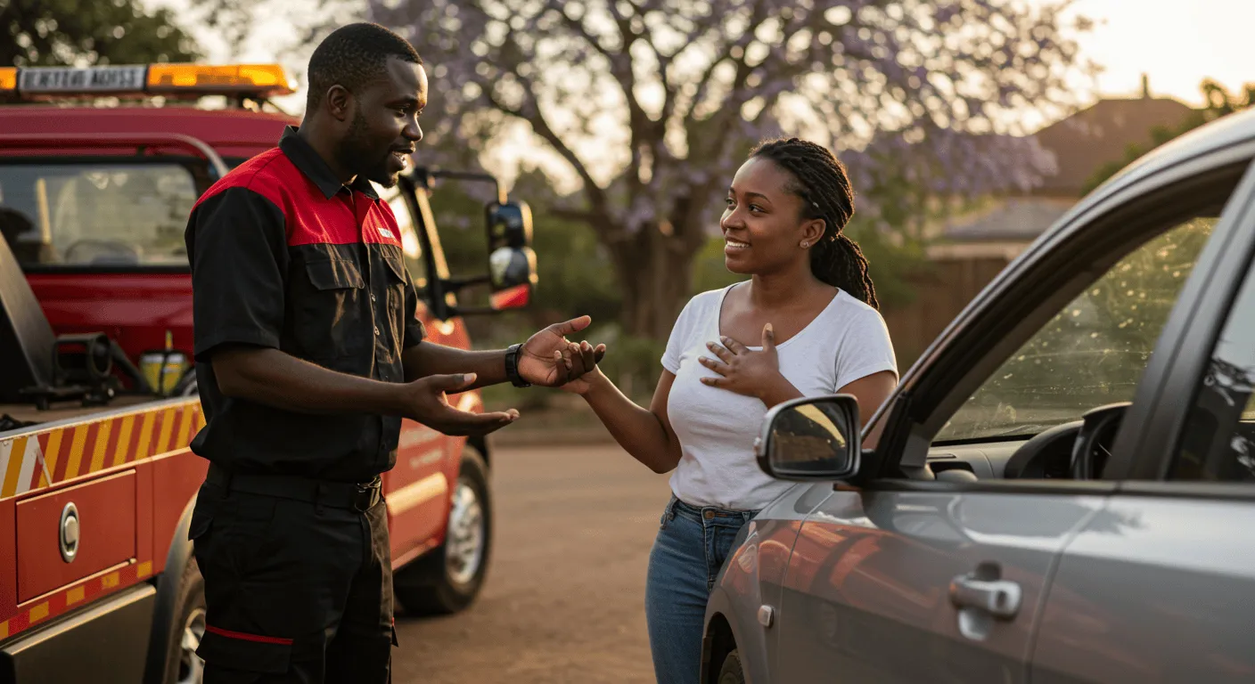 Abantu Bethu operator speaking with a customer beside a vehicle.